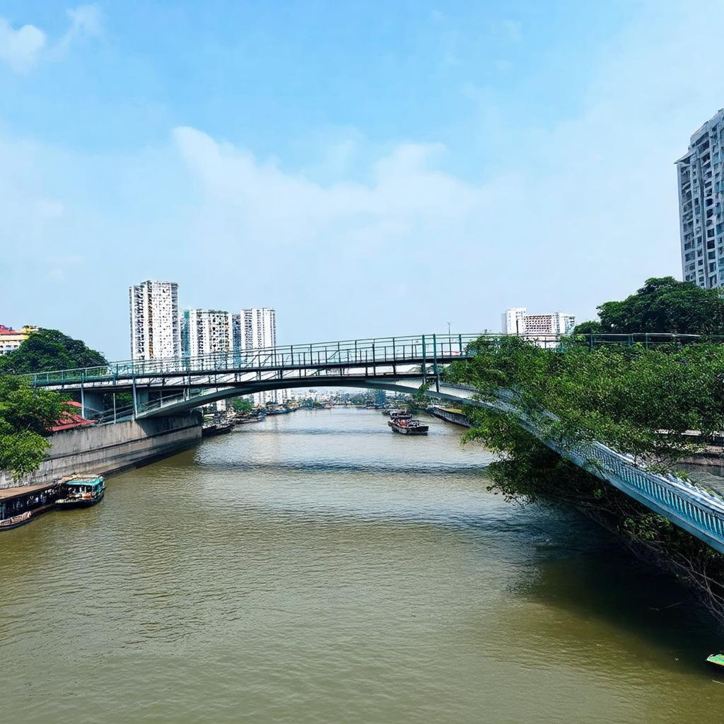 Khung cảnh Cầu Bến Cát bac qua song Vam Thuat o Quan 12